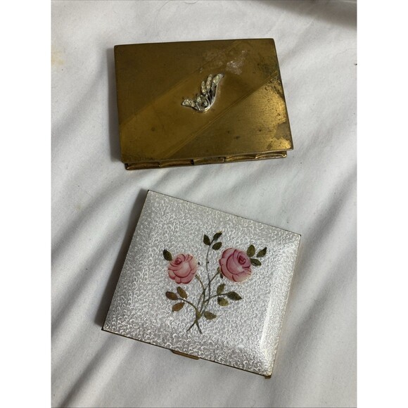 Lot 2 Vintage Volupte Compact For Pressed Powder W/ Mirror Brass 1950s Roses - Picture 1 of 12
